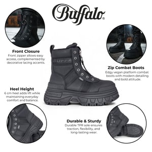 Buffalo Dames Zwarte Chunky Platform Front Zip Hoge Enkel Combat Boots - Fusion