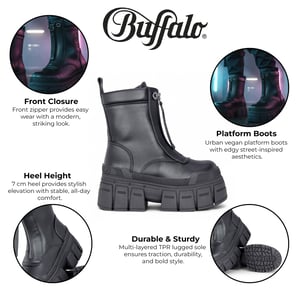 Buffalo Dames Zwarte Chunky Platform Front Zip Hoge Enkel Combat Boots - Gospher