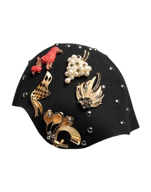 Zwarte Wol Multicolor Versierde Cloche Hoed