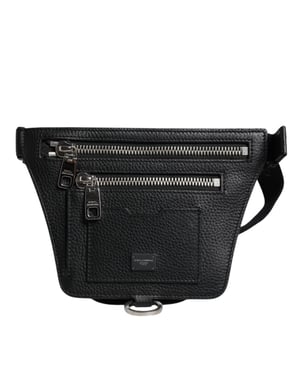 Zwart Kalfsleren Logo Plaquette Riem Taille Mannen Heuptas Tas