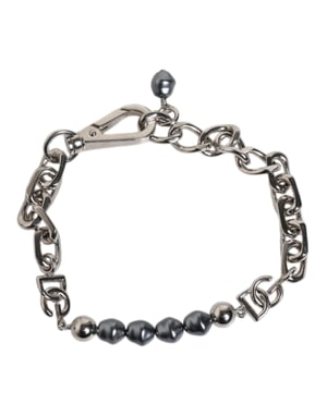 Zilverkleurige ketting met kreeftsluiting en logo armband met grijze parels