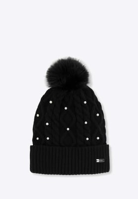 Wittchen Dameshoed met pompon en parels, zwarte viscose