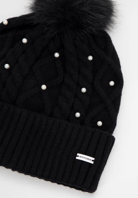 Wittchen Dameshoed met pompon en parels, zwarte viscose