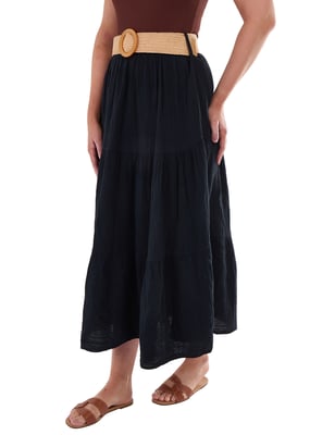 Zwarte katoenen seersucker maxi-rok met ceintuur