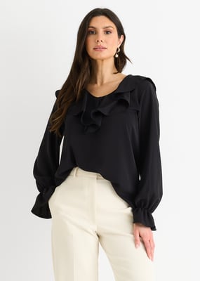Zwarte wijde blouse met ruches en losse pasvorm