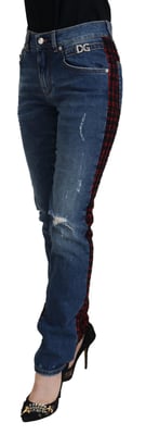 Versleten Denim Jeans Rood Zwart Ruit