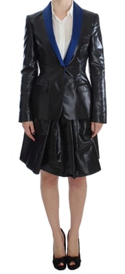 Zwart Blazer Rok Kostuum Blauwe Contrast