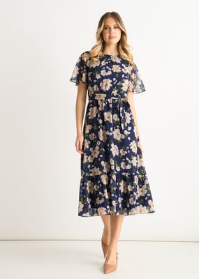 Marineblauwe midi-jurk met bloemenprint en uitlopende rok