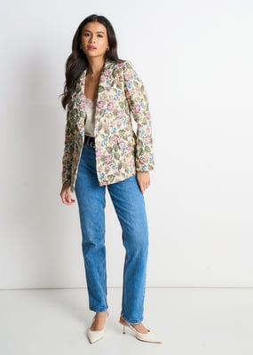 Beige bloemenjacquard getailleerd jasje