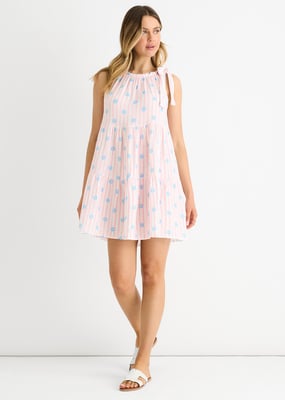 Roze katoenen mini-jurk met bloemenprint en strepen