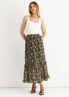 Zwarte maxi-rok met bloemenprint en glitters