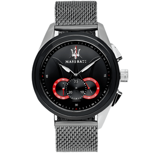 Maserati Traguardo herenhorloge met chronograaf, zwarte wijzerplaat en zilverkleurige mesh armband