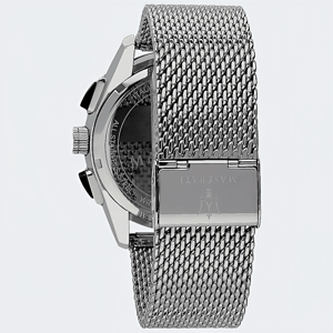 Maserati Traguardo herenhorloge met chronograaf, zwarte wijzerplaat en zilverkleurige mesh armband