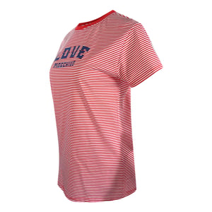Ik Ben Dol Op Het Rood-wit Gestreepte T-shirt Van Moschino Met Het Blauwe Logo