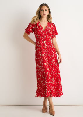 Rode viscose midi-jurk met kanten rand