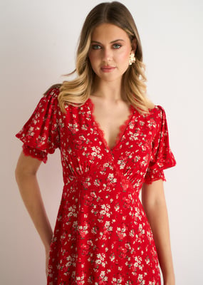 Rode viscose midi-jurk met kanten rand