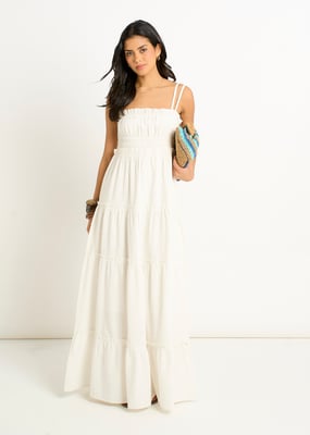 Witte katoenen maxi-jurk met ruches en bandjes