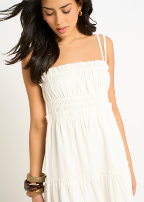 Witte katoenen maxi-jurk met ruches en bandjes