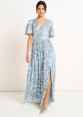 Blauwe metallic print maxi-jurk met korte mouwen