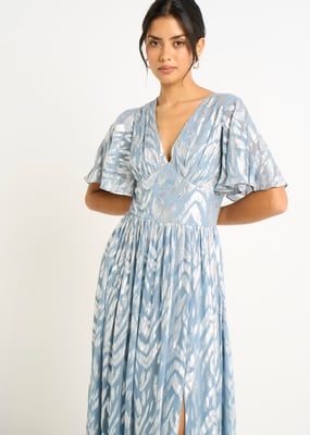 Blauwe metallic print maxi-jurk met korte mouwen