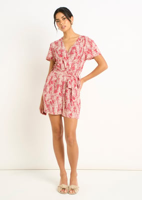 Rode abstracte dierenprint playsuit met overslag en ceintuur