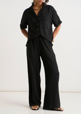 Zwarte elastische taille broek met wijde pijpen