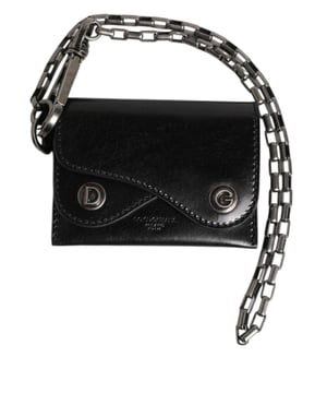 Dolce & Gabbana Zwarte Cavallo Leren Portemonnee Ketting Drukknop Bifold Kaart Houder