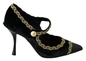 Dolce & Gabbana Zwarte Versierde Fluwelen Mary Jane Pump Schoenen