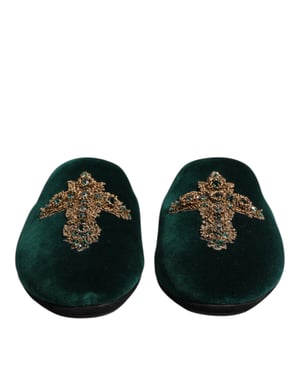 Dolce & Gabbana Groene Fluwelen Kruz Sieraden Slippers Schoenen