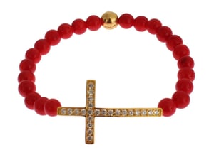 Nialaya Rode Koraal Gouden CZ Kruis 925 Zilveren Armband