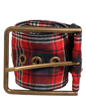 Dolce & Gabbana Rode Geruite Stof Logo Plaat Messing Gesp Riem