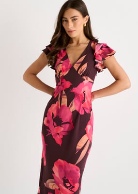 Bruine maxi-jurk met bloemenprint en gerimpelde mouwen