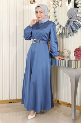 Met riem Satijn Avondjurk Blauw