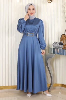 Met riem Satijn Avondjurk Blauw