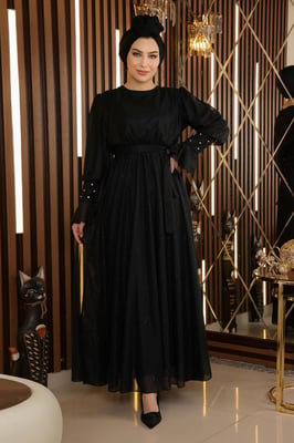 Steen Detailed Glitterend Chiffon Avondjurk Zwart