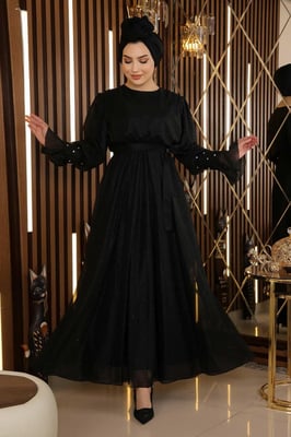 Steen Detailed Glitterend Chiffon Avondjurk Zwart
