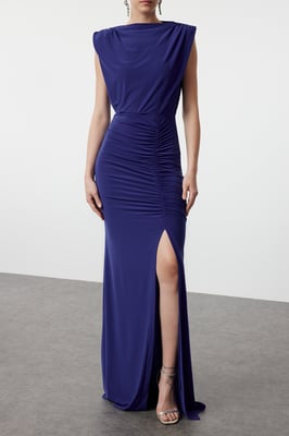 Damesjurk Blau Unifarben Maxi Lange Afstudeer-/Galajurk Slim fit Avond- & Galajurk