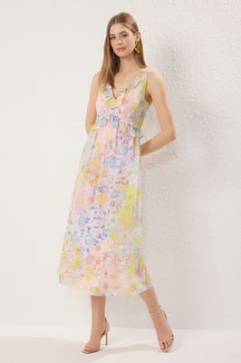 Damesjurk in marineblauw met bloemenprint, mouwloos, geschikt voor overdag en 's avonds.