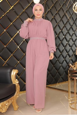 Steen Detailed Chiffon Jumpsuit Avondjurk Oud roze