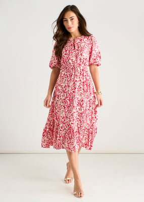 Midi-jurk met rode paisleyprint en elastische tailleband