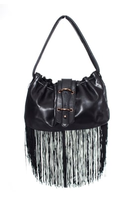 Emporio Armani, vintage zwarte leren handtas met franjes.