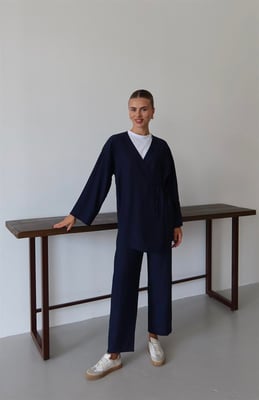 Kreukellook Textured Kimono Pak Marineblauw