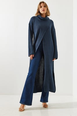 Gestructureerde Turtleneck Maxi Jurk met Split