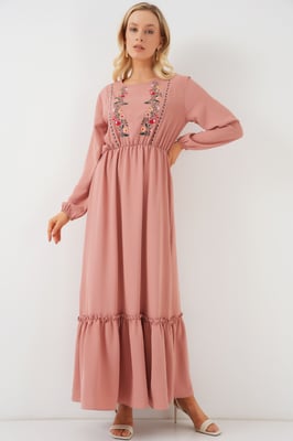 Geborduurde Maxi-jurk met Ronde Hals