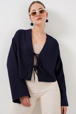 Viscose Mix V-hals Lange Mouwen Kimono met Binding Detail