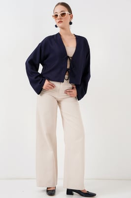 Viscose Mix V-hals Lange Mouwen Kimono met Binding Detail