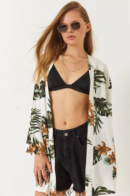 Floral Geprinte Losse Fit Kimono met Sjaalkraag