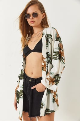 Floral Geprinte Losse Fit Kimono met Sjaalkraag