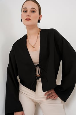 Viscose Blend V-Hals Lange Mouw Kimono met Binding Detail