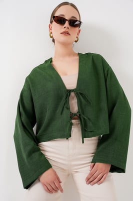 Viscose Blend V-Hals Lange Mouw Kimono met Binding Detail